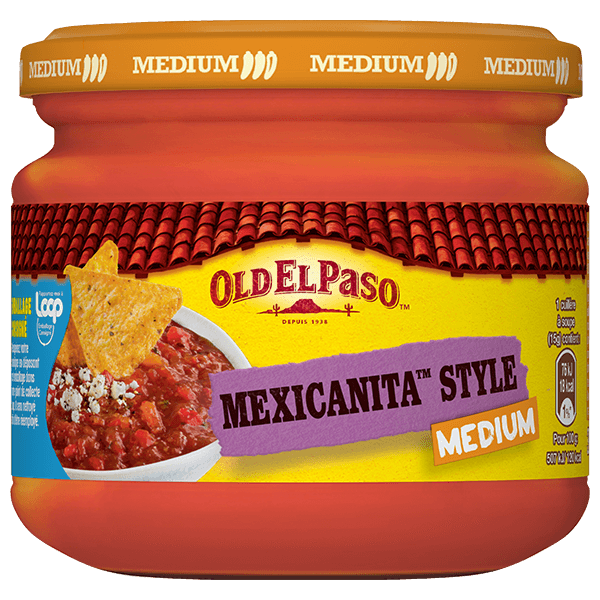 Sauce apéritive mexicanita moyenne Old El Paso tomates et jalapenos dans un pot en verre de 335 g